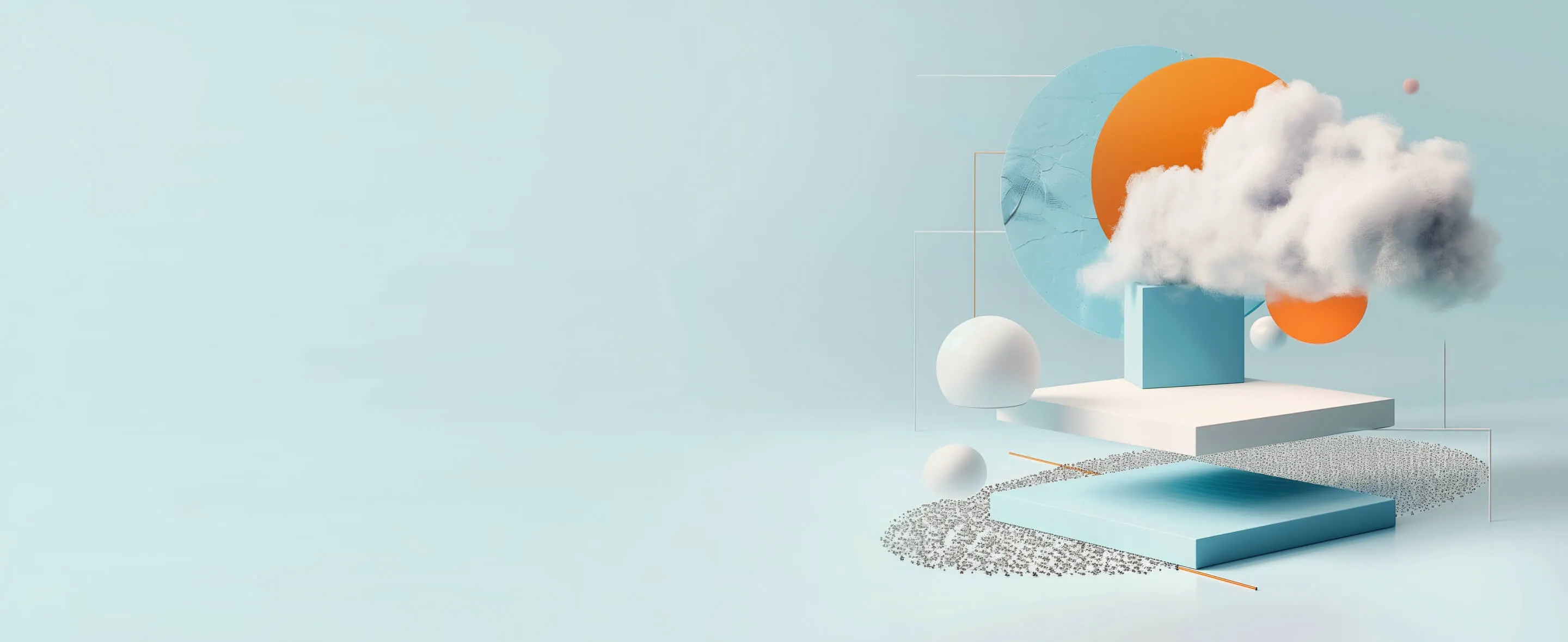 Cloud with geometric shapes in front of orange and blue circles