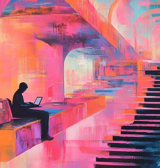 Person working on a laptop in a digital environment